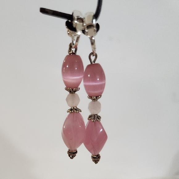 Hand Crafted Clip-on Earrings Pink Dangle Cat's Eye Quartz Beads - Picture 4 of 6